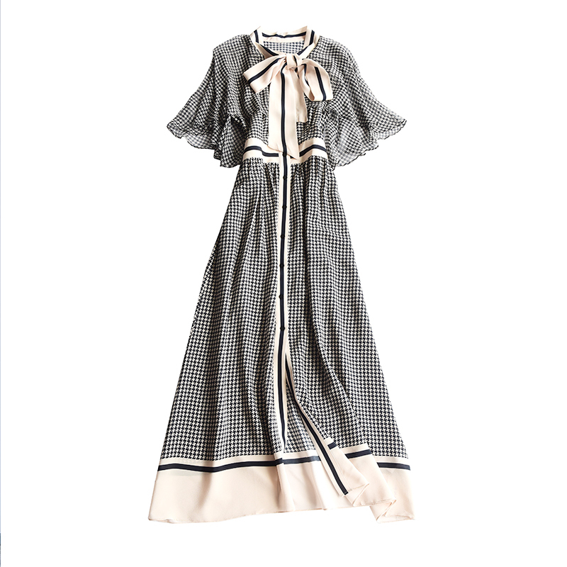 千鳥格子柄シルクワンピース