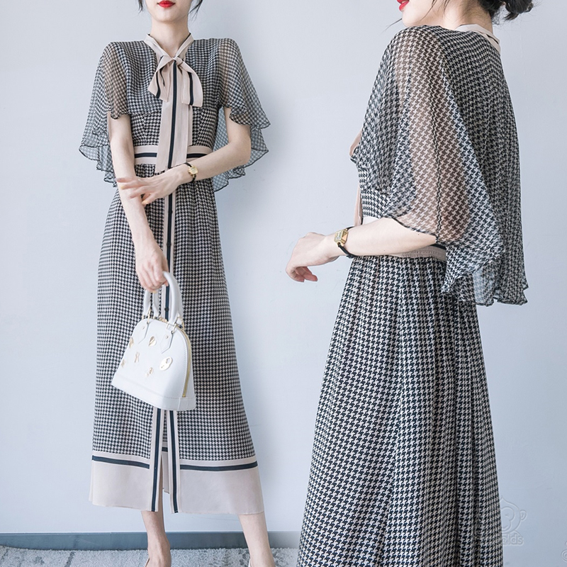 千鳥格子柄シルクワンピース