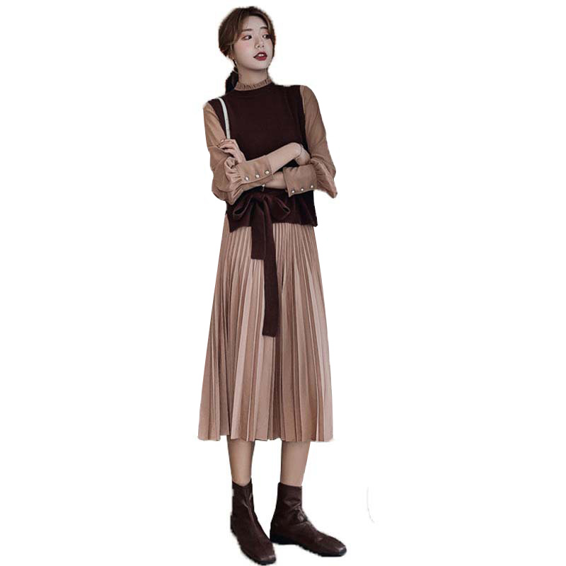 プリーツワンピース・セーターベスト2点セット