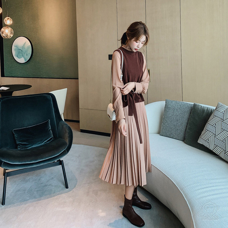 プリーツワンピース・セーターベスト2点セット