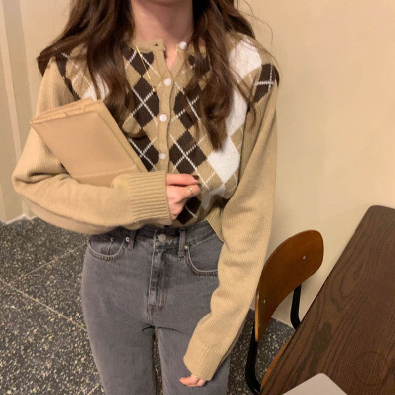コントラストダイヤモンド長袖カーディガン