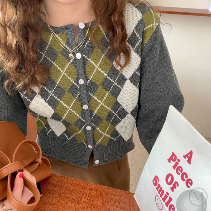 コントラストダイヤモンド長袖カーディガン