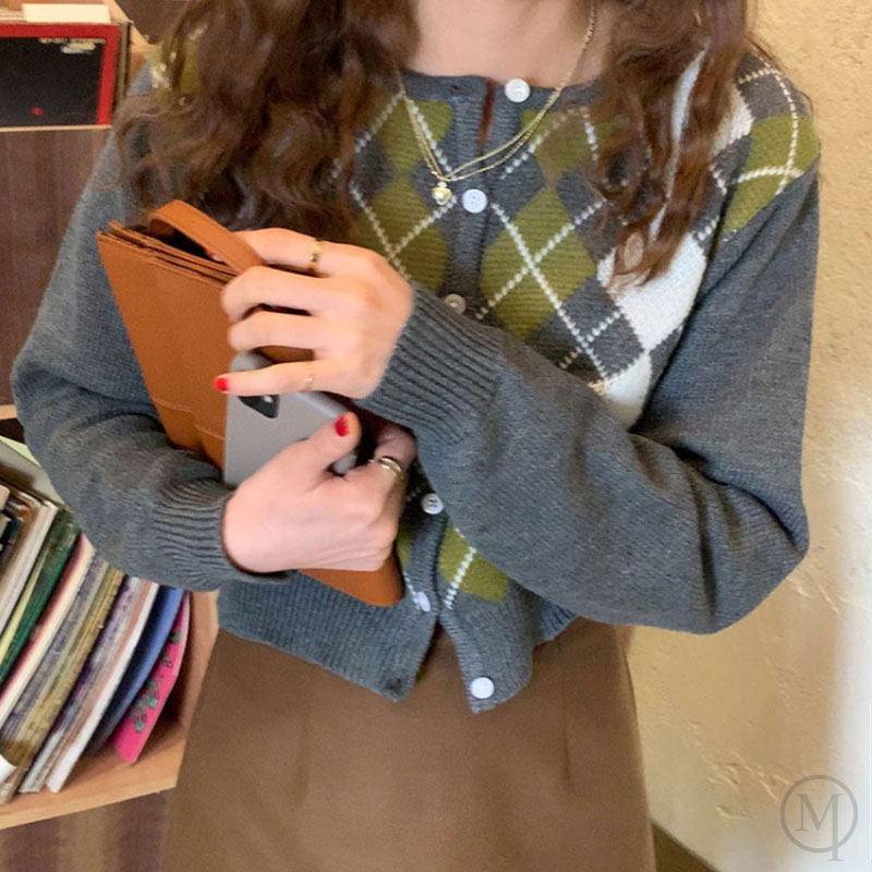 コントラストダイヤモンド長袖カーディガン