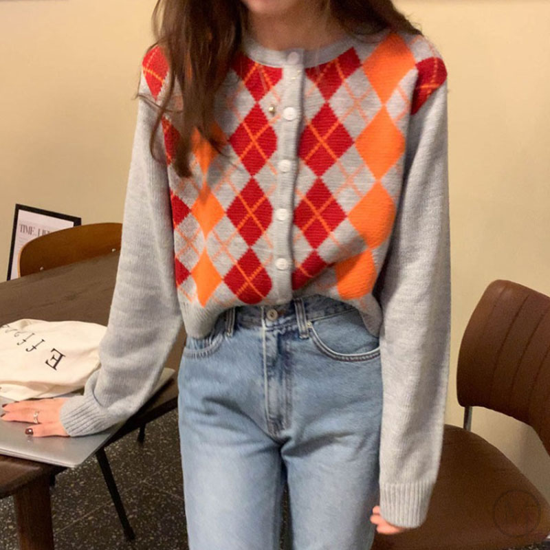 コントラストダイヤモンド長袖カーディガン