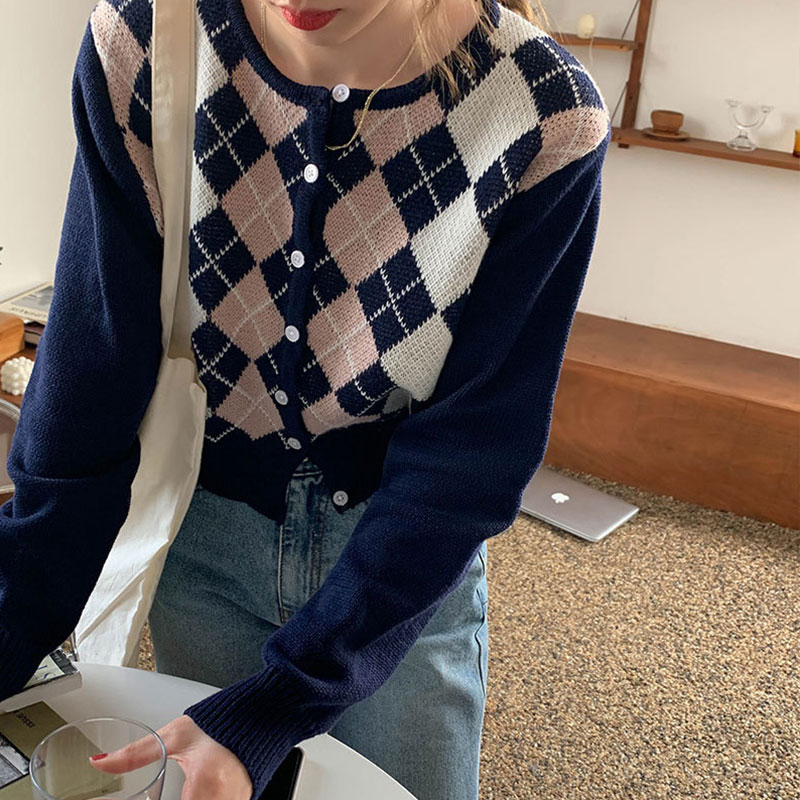 コントラストダイヤモンド長袖カーディガン