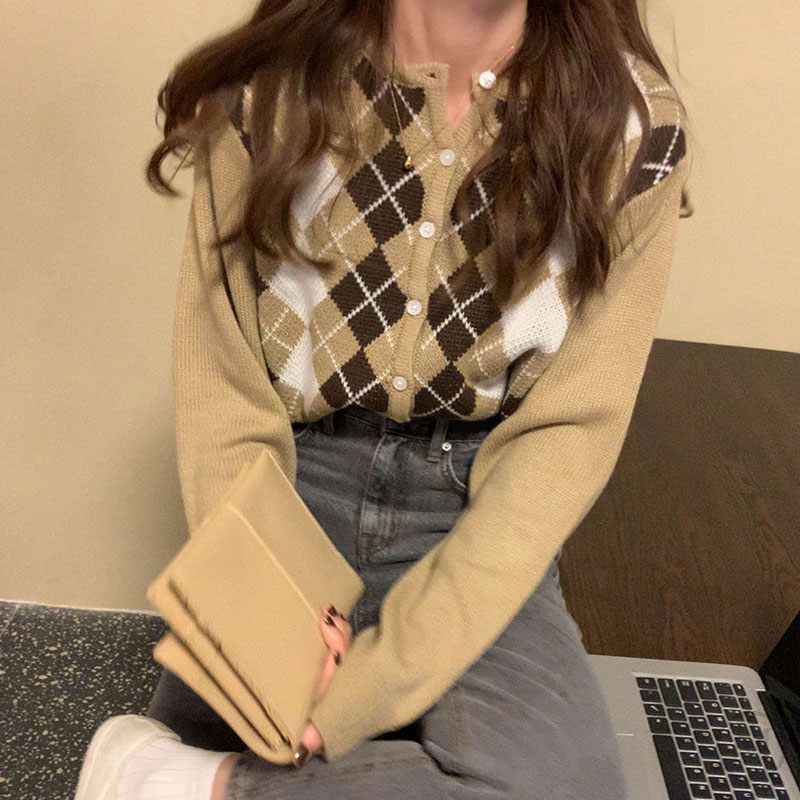 コントラストダイヤモンド長袖カーディガン