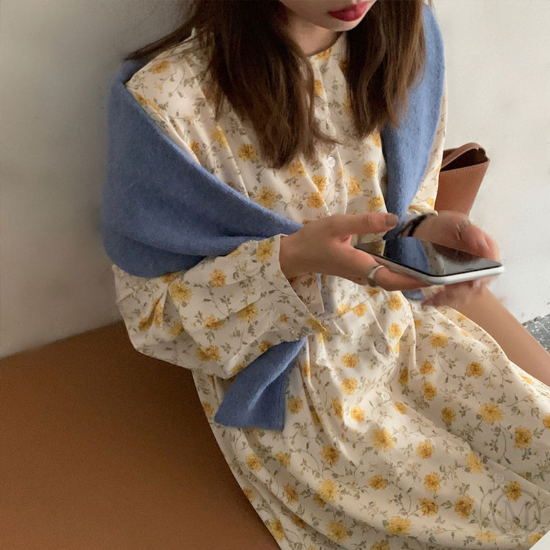 シングルブレストルーズフローラルドレス